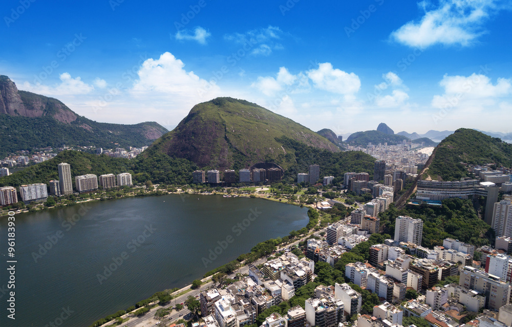 Aerial view of Rodrigo de Freitas Lake in Rio de Janeiro, Brazil.