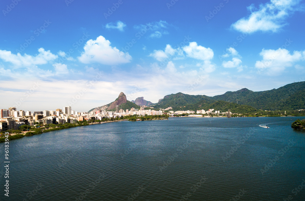 Aerial view of Rodrigo de Freitas Lake in Rio de Janeiro, Brazil.