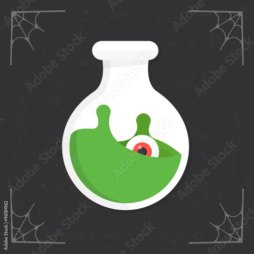 Potion bottle icon. Flasks with slime and eyeball. Witch bottle with poison. Magic elixir icon. Halloween illustration isolated on stylized dark background. Vector illustration