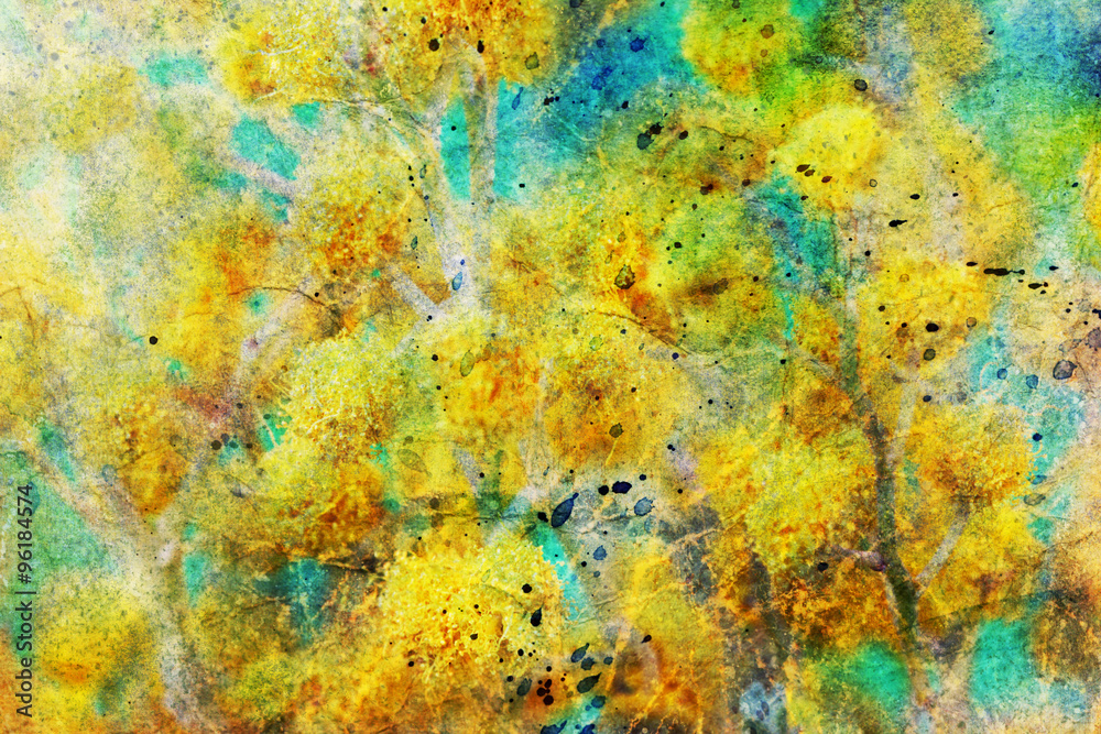 artwork with mimosa flower and watercolor spatter