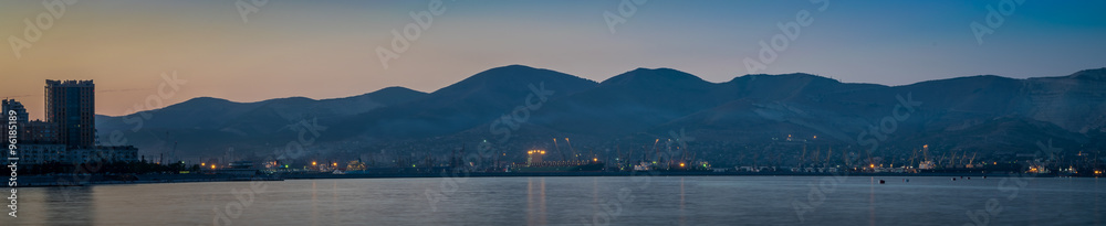An evening panoramic view of the port of Novorossiysk, Russia
