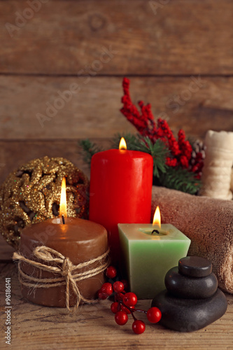 Christmas decorations on wooden background