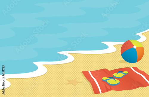 Beach scene with towel, flip-flops, and beach ball