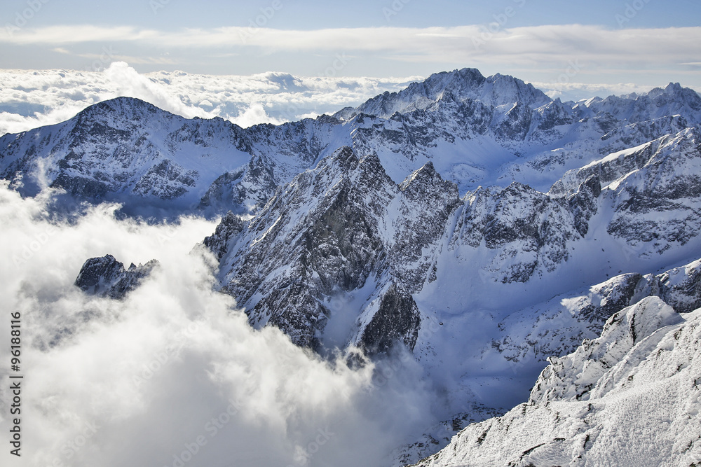 Fototapeta premium view from Lomnicky peak in Tatra Mountains Slovakia winter 