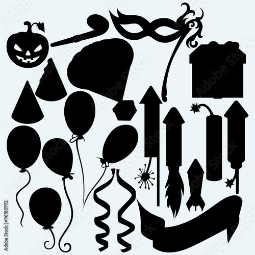 Festive set: balloon, rocket fireworks, gift box, pumpkin, mask for masquerade costumes and curling stream. Isolated on blue background. Vector silhouettes