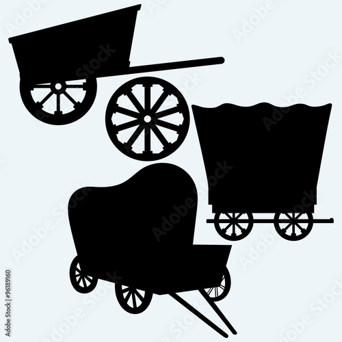 Vintage wagons to transport. Isolated on blue background. Vector silhouettes