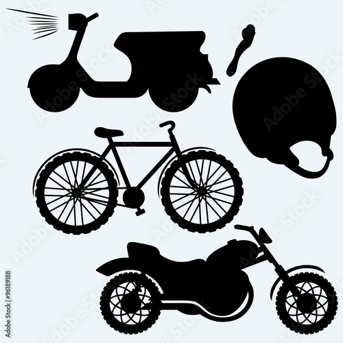Two-wheeled vehicles: bicycle, motorcycle or moped. Isolated on blue background. Vector silhouettes
