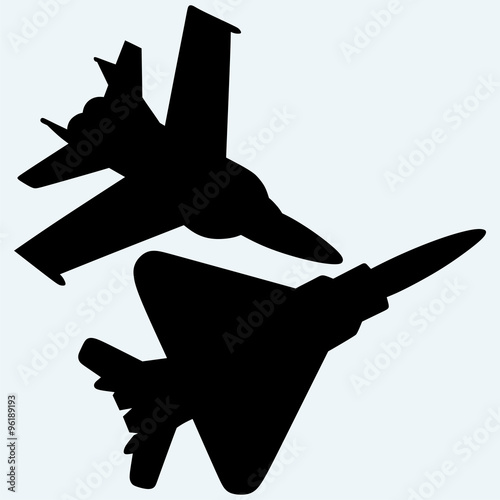An F-18 jet fighters flying in the sky. Isolated on blue background. Vector silhouettes