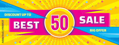 Best sale vector banner. Discount up to 50% vector banner. Big offer vector banner. Abstract horizontal vector banner of sale.