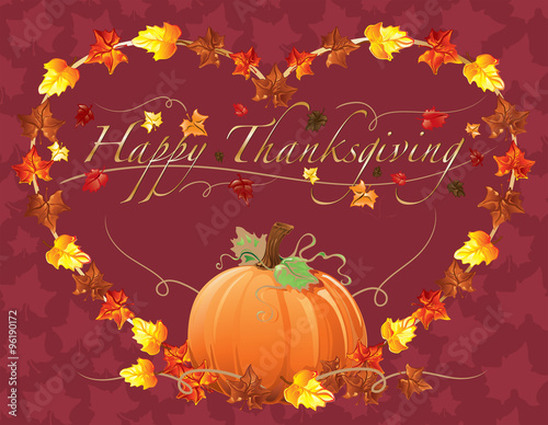 Background illustration of autumn leaves and pumpkins in a heart shape for Thanksgiving
