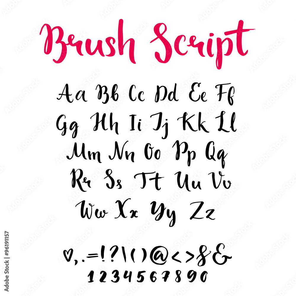 Brush script with lowercase and uppercase letters, keystrokes and digits.  Full alphabet handwritten with brushpen. Vector calligraphic english abc  Stock Vector | Adobe Stock