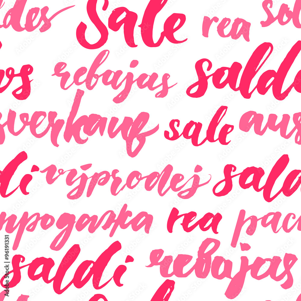 Pink sale texture with handwritten text in different languages. Seamless pattern for promo and advertisement. Vector lettering background for package and shop window design