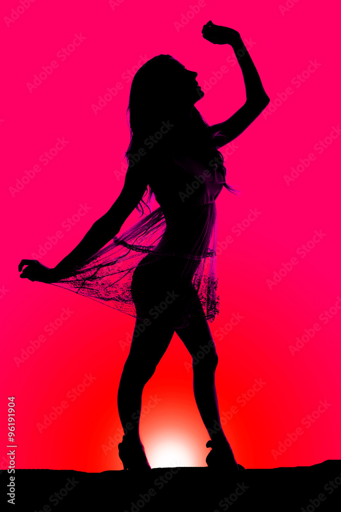 silhouette woman in sheer dress hand up look up