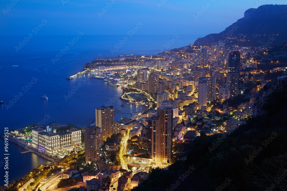 Montecarlo, illuminated city view in the evening, Monaco