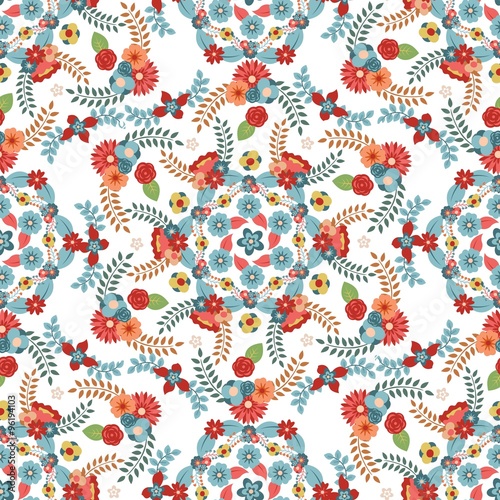 Blue and Red Flowers Seamless Pattern
