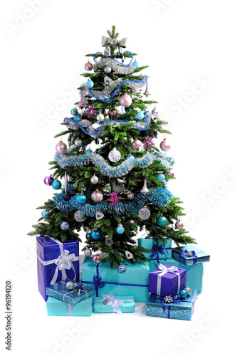 blue Christmas gifts under tree
