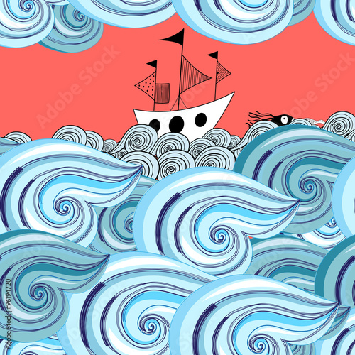 graphic pattern of waves and ship