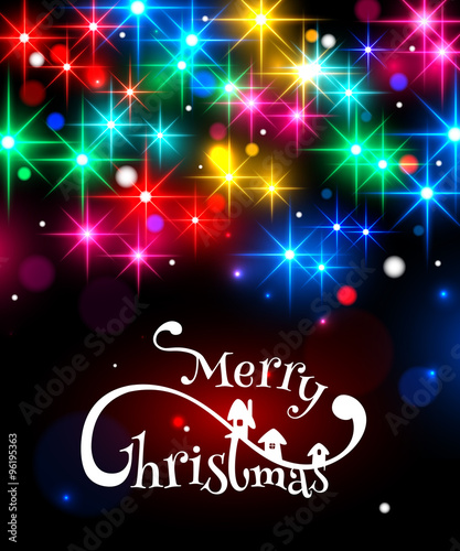 Merry Christmas typographical background with shining blurred bokeh lights and glowing colorful stars