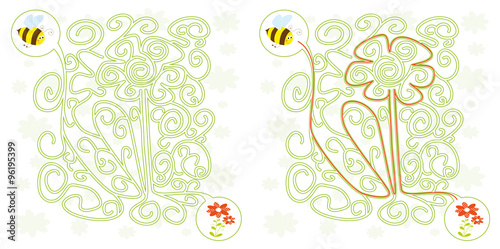 bee maze game for kids with flowers solution