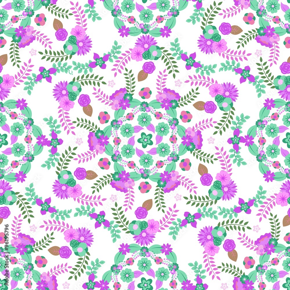 Fototapeta premium Purple and Green Flowers Seamless Pattern