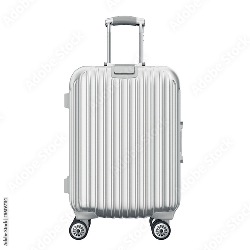 Silver suitcase for travel, front view