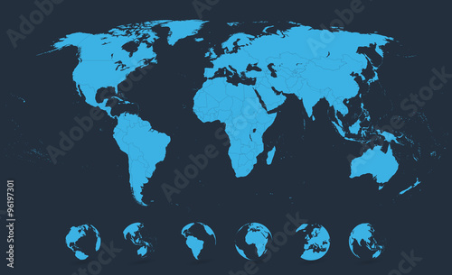 Detailed World Map Blue with Globe Icons
