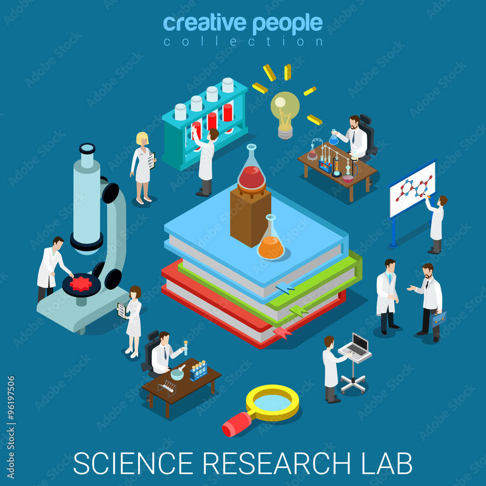 Fototapeta premium Flat 3d vector science chemical pharmaceutical research lab