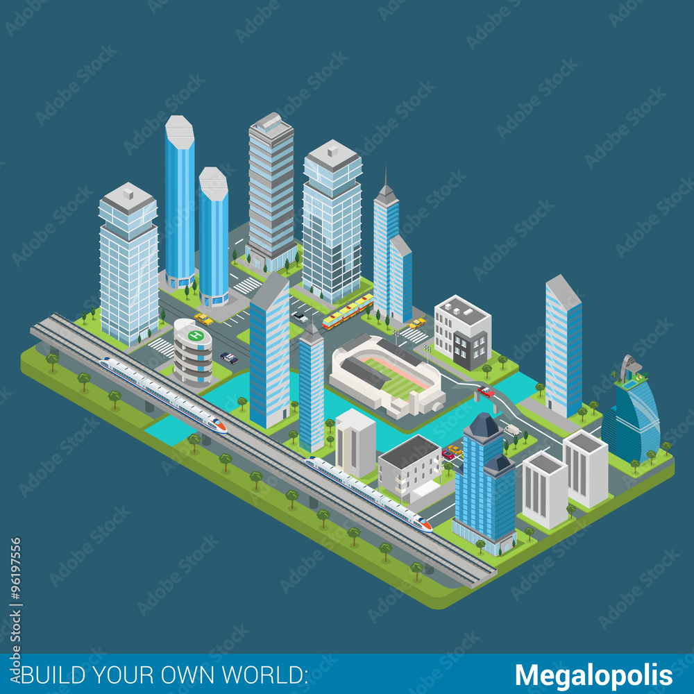 Flat 3d isometric vector megalopolis city skyscrapers office