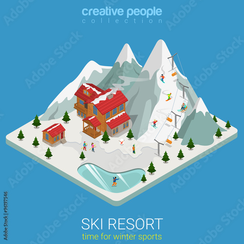 Ski resort winter mountain sport flat isometric vector snowboard