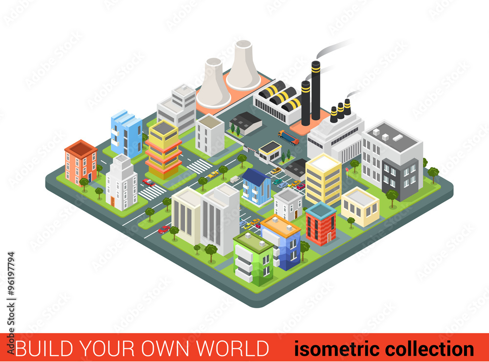 Flat 3d isometric vector city power energy industrial houses