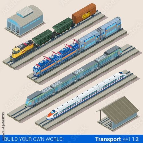 Flat 3d isometric vector train depot railroad railway transport