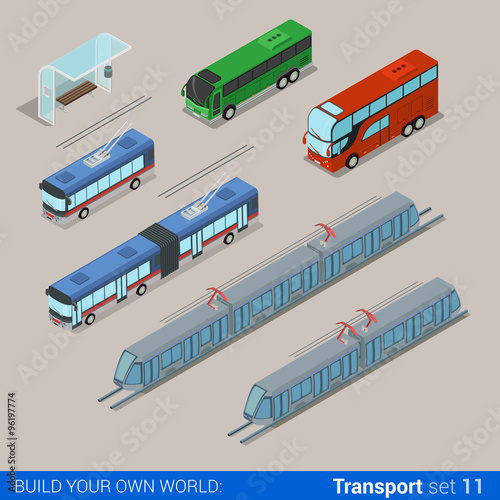 City isometric 3d vector transport: trolley tram bus stop