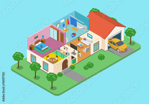 Home house interior exterior room flat 3d isometric vector