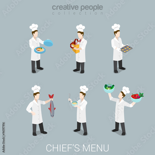 Cook work chief cooking uniform tools flat 3d isometric vector