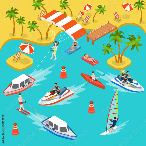 Travel beach resort vacation sea surf flat 3d isometric vector