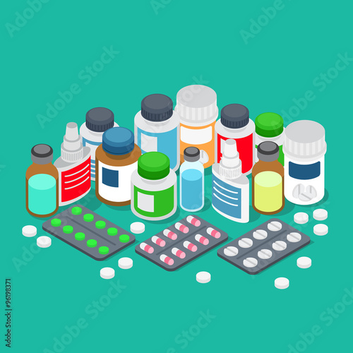 Pharmaceutics pharmacy drug store pills flat 3d isometric vector