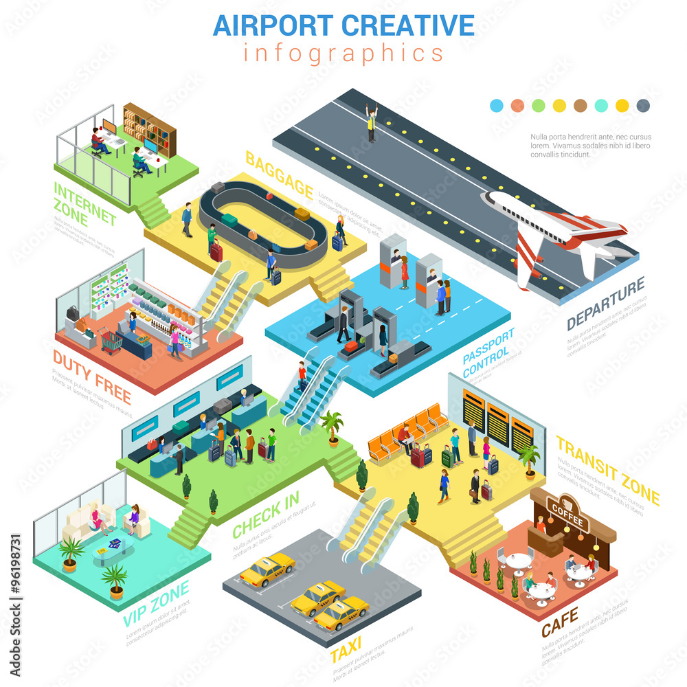 Fototapeta premium Airport departments interior departure flat 3d isometric vector