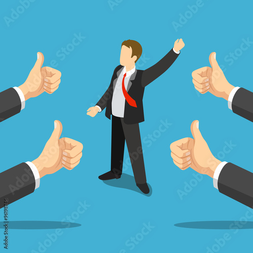 Successful businessman best thumbs up hands flat 3d isometric
