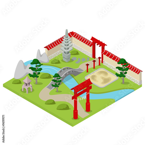 Japanese garden city building bonsai flat 3d isometric vector