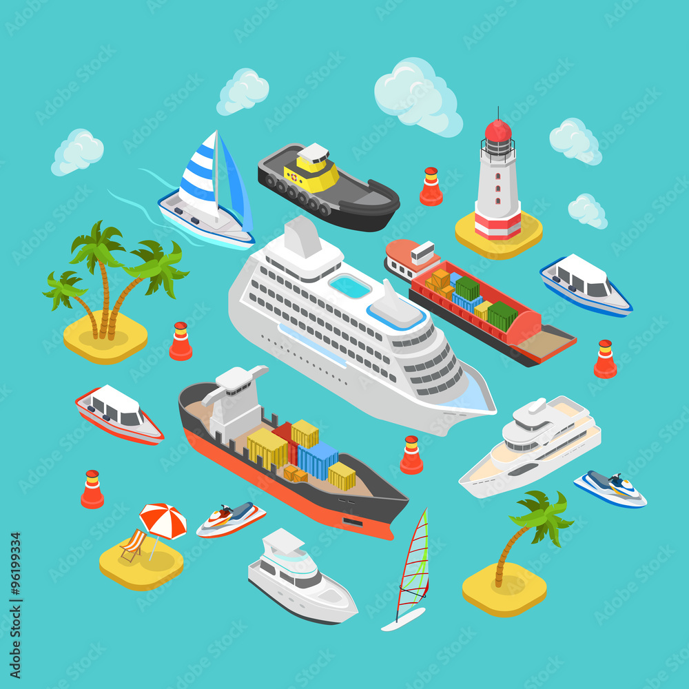Obraz premium Ocean nautical water transport logistics flat isometric vector