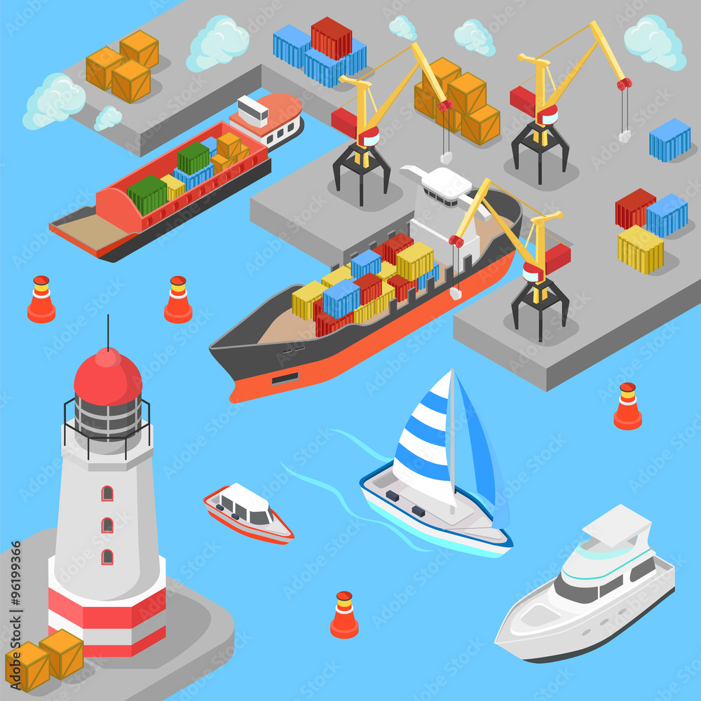 Obraz premium Nautical transport cargo shipping port flat 3d isometric vector