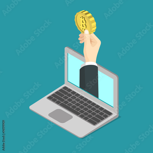 Bitcoin payment method coin laptop flat vector isometric 3d