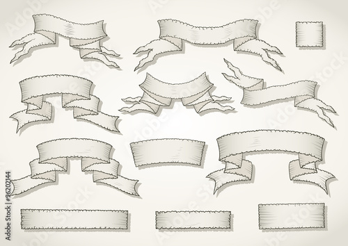 Vector set of hand drawn tattered banners. In light colors.