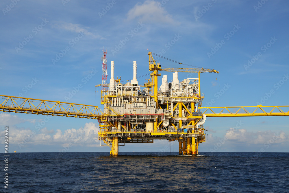 Offshore construction platform for production oil and gas, Oil and gas industry and hard work, Production platform and operation process by manual and auto function.
