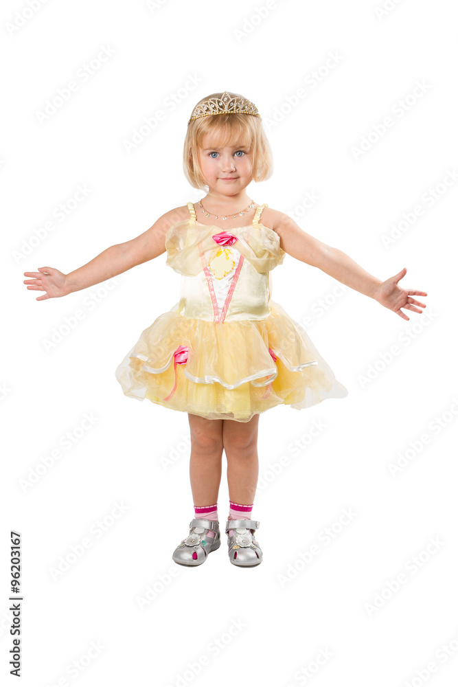 Little girl in a beautiful yellow dress and crown on white back Little girl in a beautiful yellow dress and crown on white back