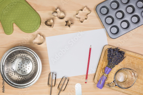 baking and pastry tools with blank paper