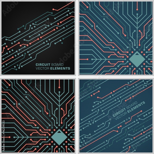 Microchip vector decoration elements. Circuit board textures. Next artistic background in colors, black and blue.