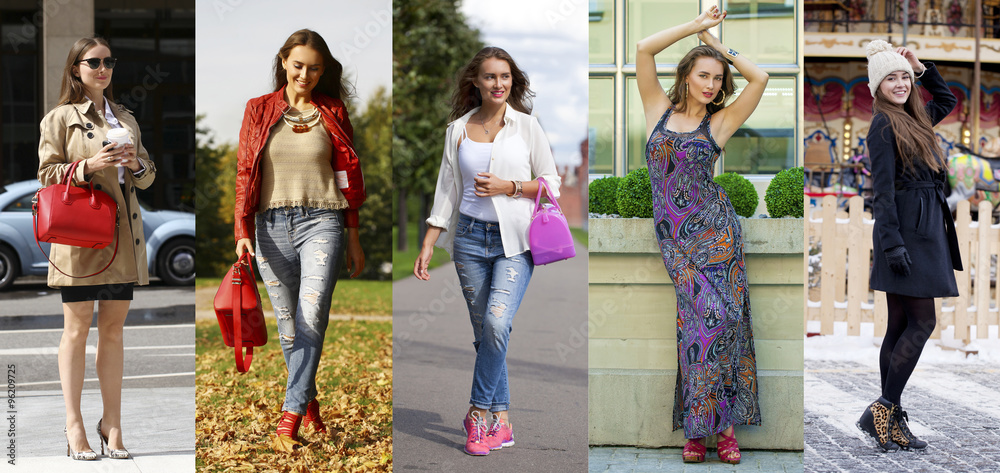 Naklejka premium Collage five fashion young women