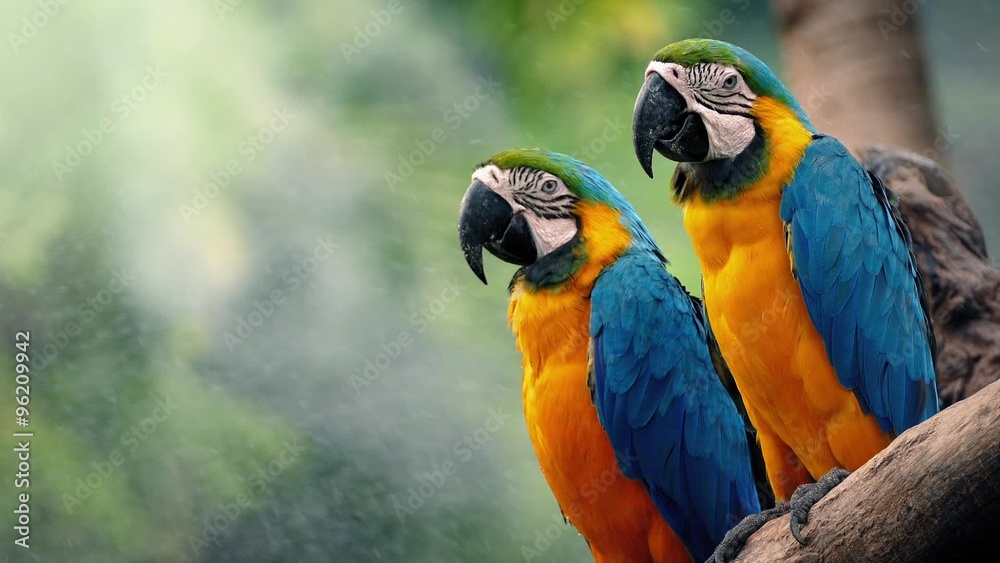 Macaw Parrots On Branch In Tropical Landscape