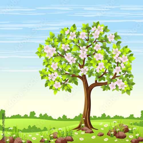 Spring landscape with tree and flowers